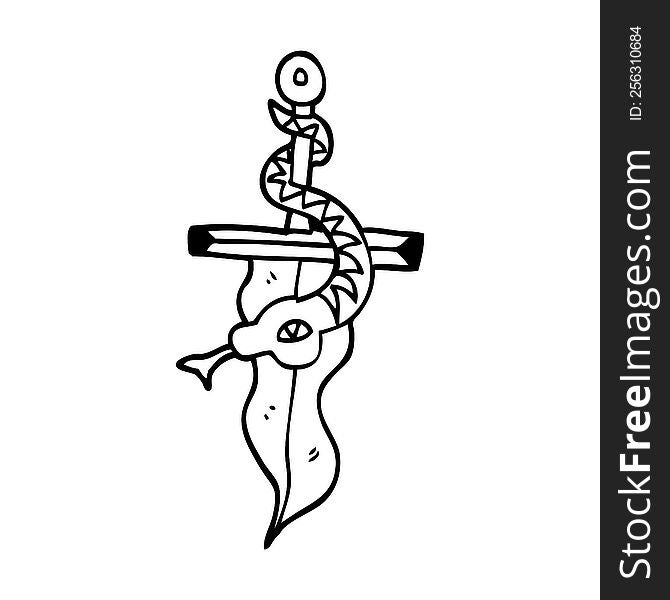 line drawing cartoon dagger and snake tattoo