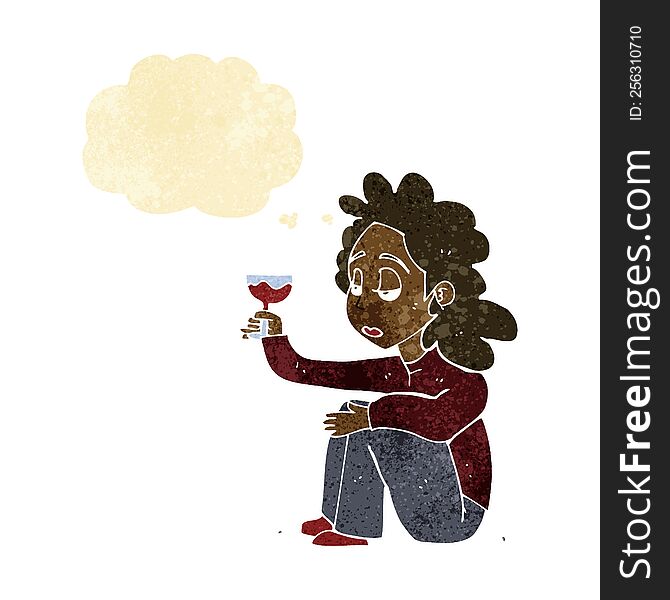 cartoon unhappy woman with glass of wine with thought bubble