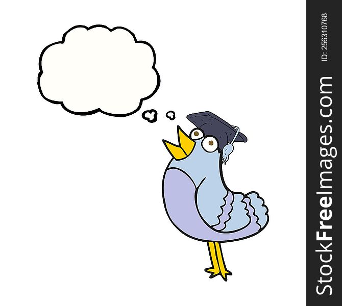 freehand drawn thought bubble cartoon bird wearing graduation cap