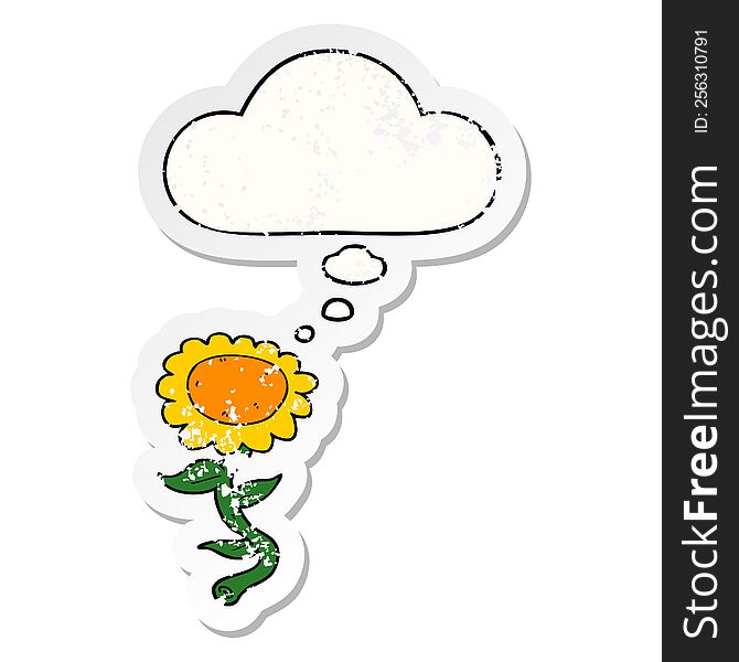 cartoon sunflower with thought bubble as a distressed worn sticker