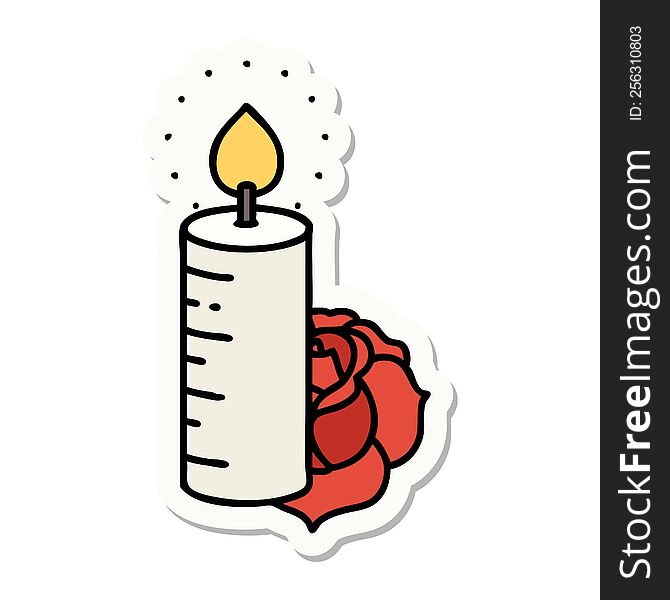 sticker of tattoo in traditional style of a candle and a rose. sticker of tattoo in traditional style of a candle and a rose