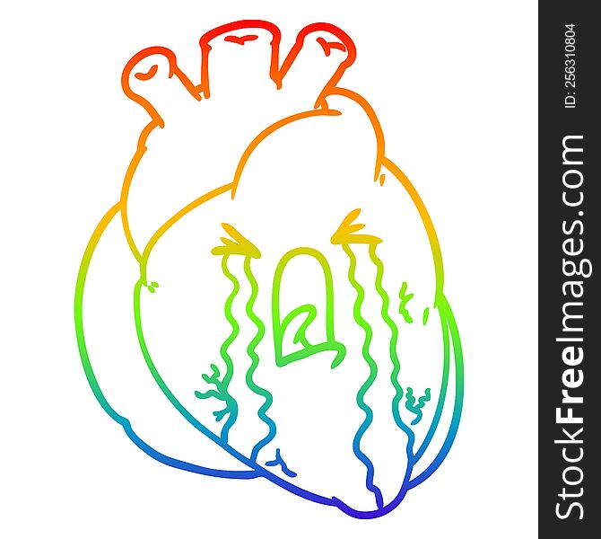 rainbow gradient line drawing of a cartoon heart crying