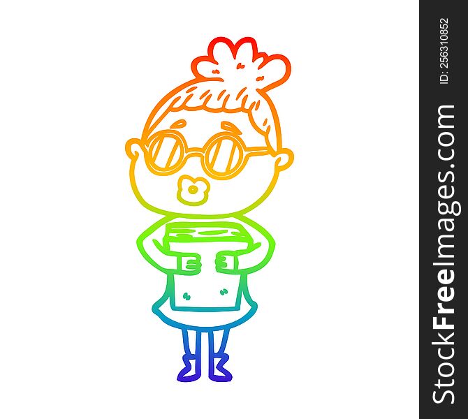 rainbow gradient line drawing of a cartoon woman with book wearing spectacles