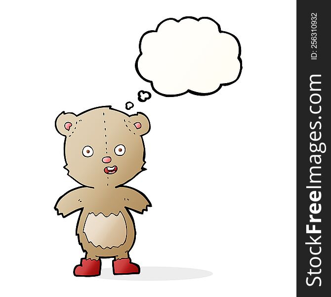 cartoon happy teddy bear in boots with thought bubble