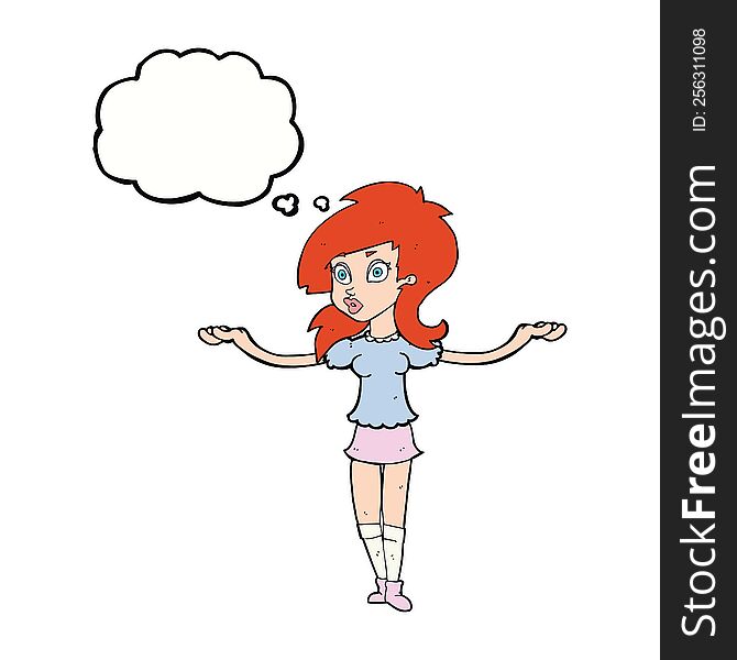 cartoon confused pretty girl with thought bubble