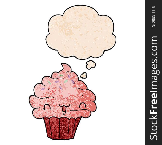 cute cartoon frosted cupcake with thought bubble in grunge texture style. cute cartoon frosted cupcake with thought bubble in grunge texture style