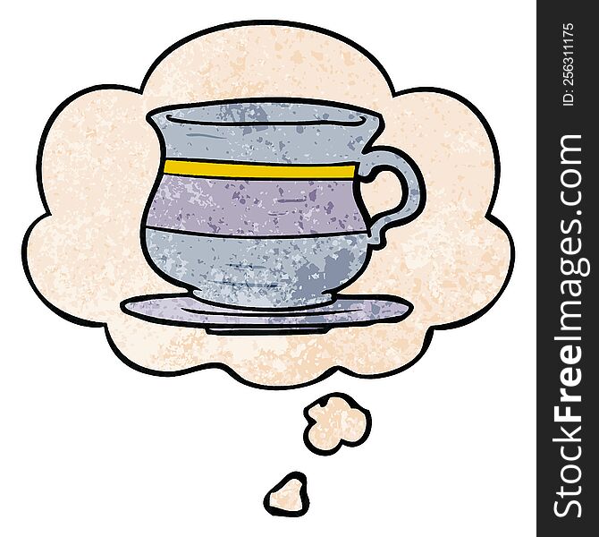cartoon old tea cup with thought bubble in grunge texture style. cartoon old tea cup with thought bubble in grunge texture style