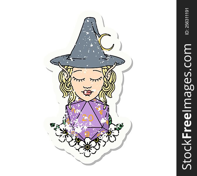 grunge sticker of a elf mage character with natural twenty dice roll. grunge sticker of a elf mage character with natural twenty dice roll