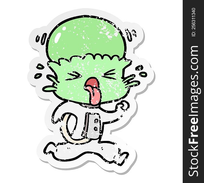 distressed sticker of a weird cartoon alien