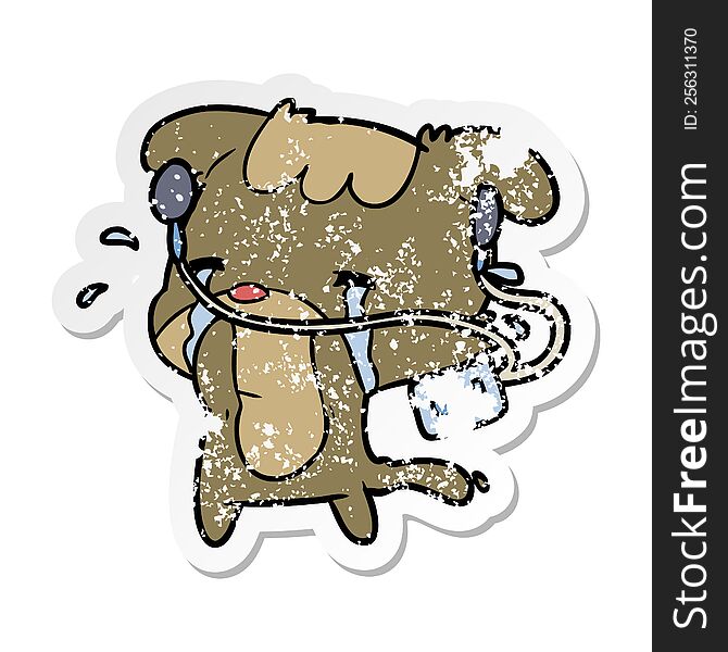 distressed sticker of a cartoon sad dog listening to music