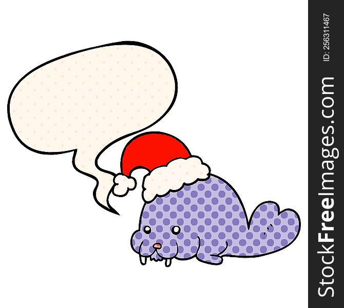 Cartoon Christmas Walrus And Speech Bubble In Comic Book Style