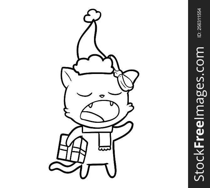 hand drawn line drawing of a cat with christmas present wearing santa hat