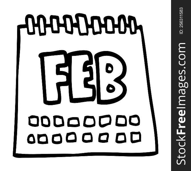 Line Drawing Cartoon Calendar Showing Month Of February