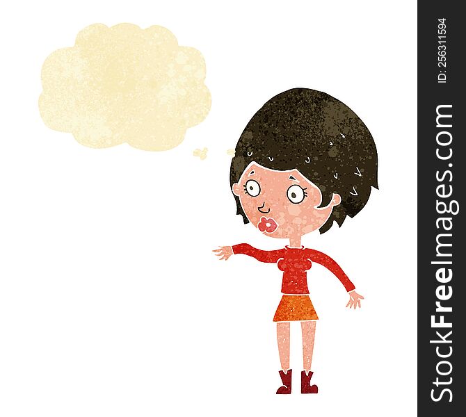 cartoon concerned woman reaching out with thought bubble