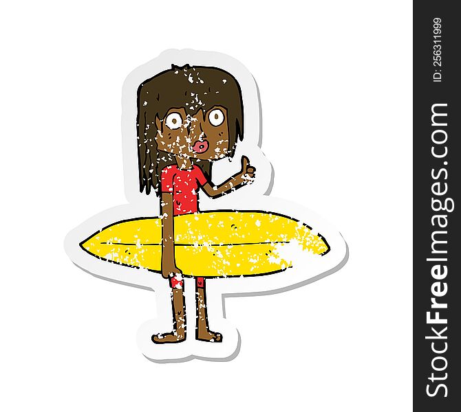 Retro Distressed Sticker Of A Cartoon Surfer Girl