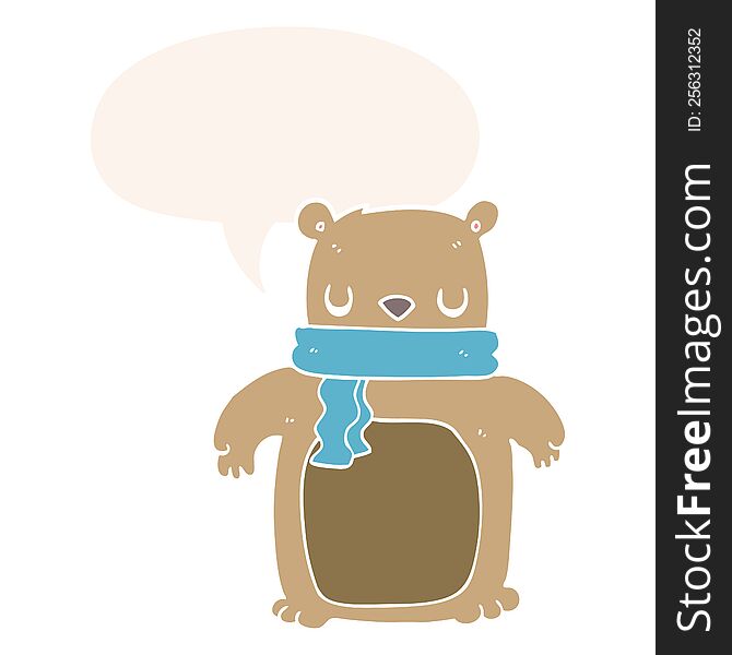 Cartoon Bear And Scarf And Speech Bubble In Retro Style