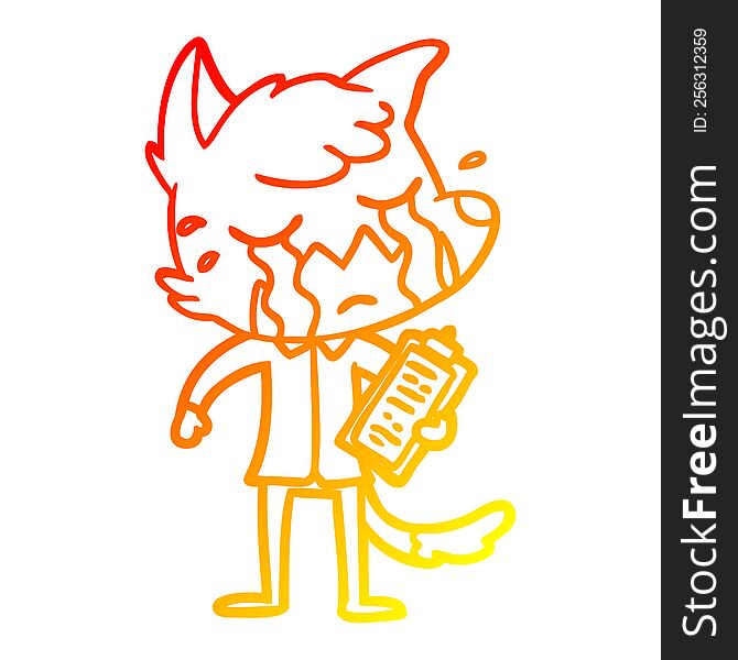 warm gradient line drawing of a crying business fox cartoon