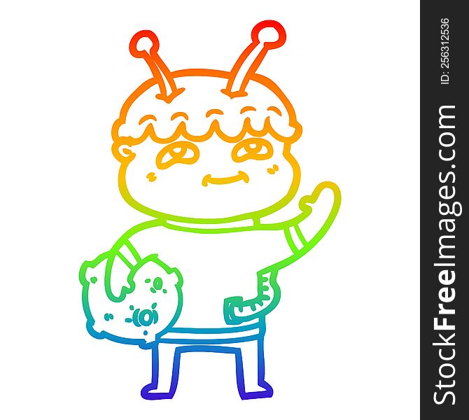 rainbow gradient line drawing of a friendly cartoon spaceman waving