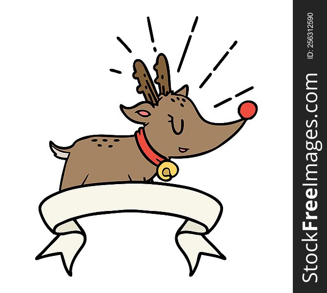 scroll banner with tattoo style christmas reindeer