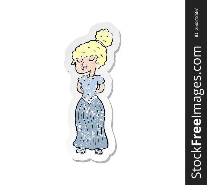 retro distressed sticker of a cartoon pretty victorian woman