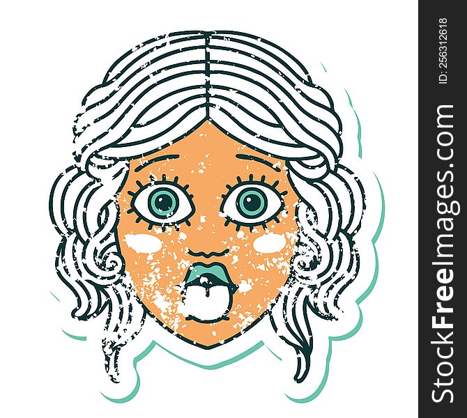 Distressed Sticker Tattoo Style Icon Of Female Face Sticking Out Tongue