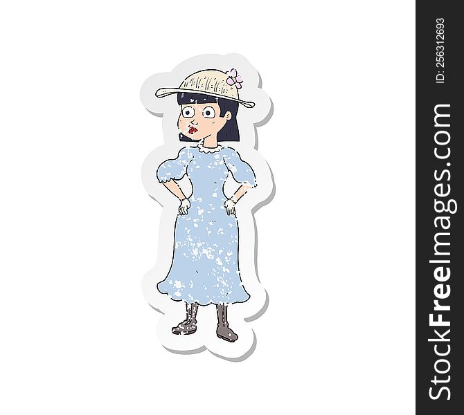 retro distressed sticker of a cartoon woman in sensible dress