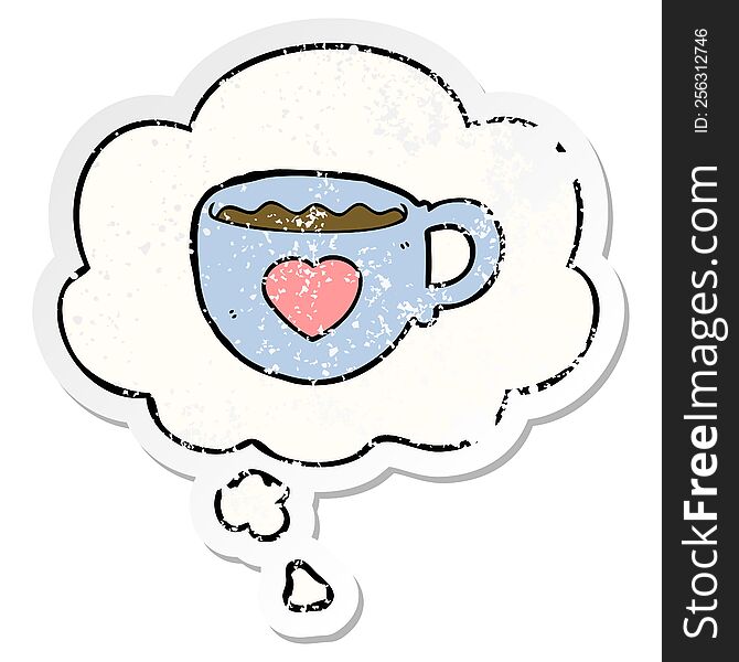 I love coffee cartoon cup with thought bubble as a distressed worn sticker