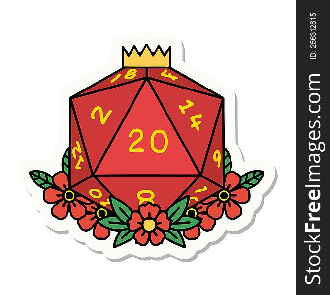 Natural 20 D20 Dice Roll With Floral Elements Sticker