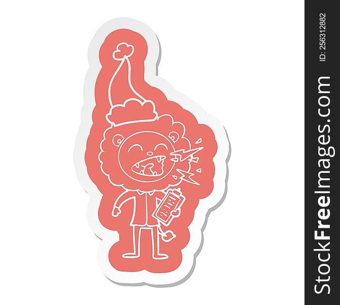 Cartoon  Sticker Of A Roaring Lion Doctor Wearing Santa Hat