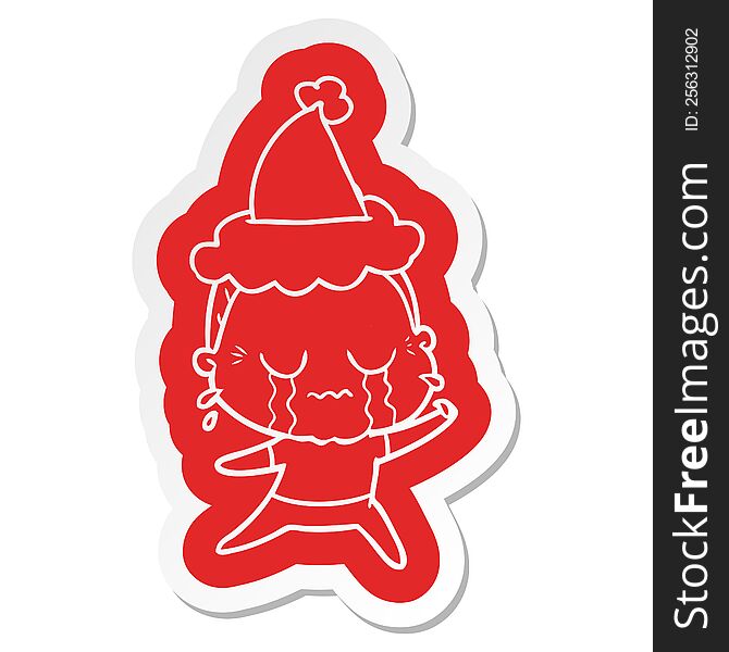 Cartoon  Sticker Of A Crying Old Lady Wearing Santa Hat