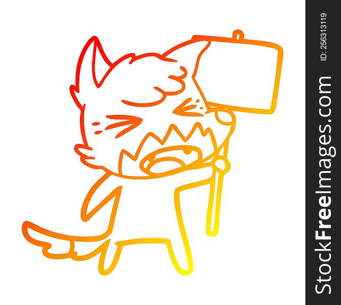 Warm Gradient Line Drawing Angry Cartoon Fox With Sign