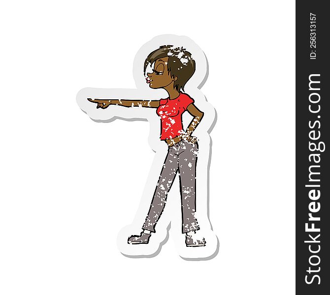 Retro Distressed Sticker Of A Cartoon Hip Woman Pointing