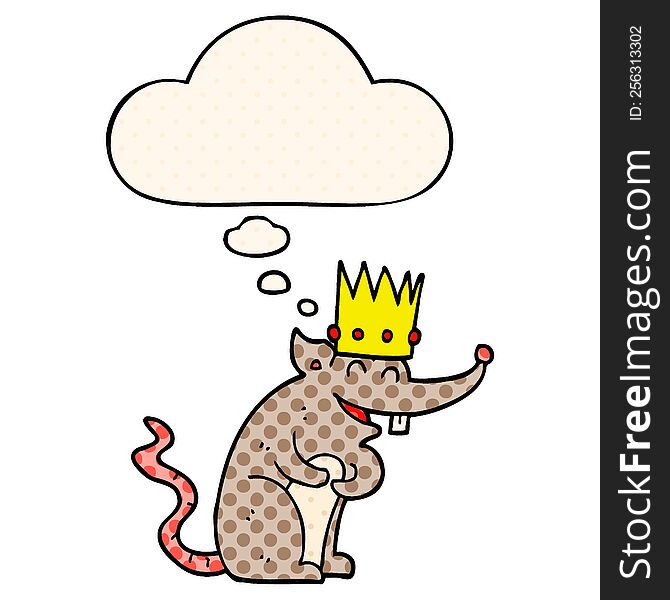 cartoon rat king laughing with thought bubble in comic book style