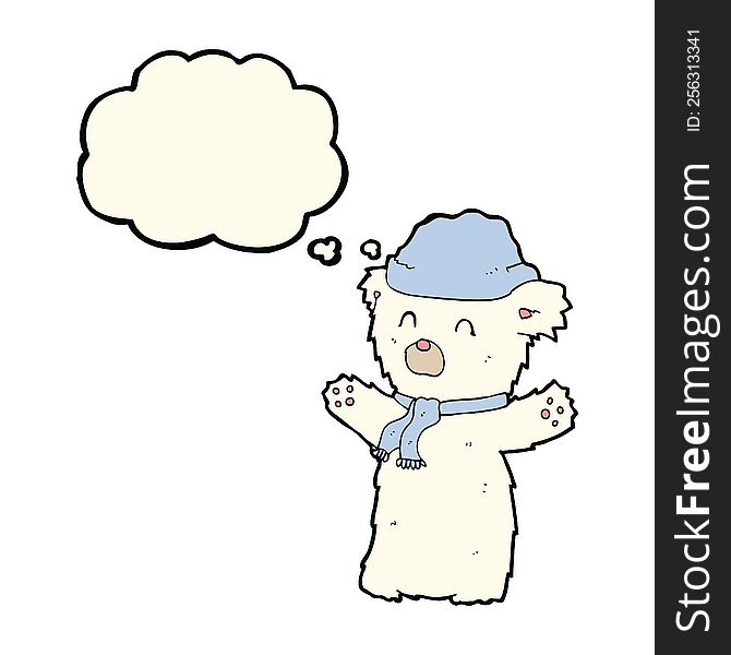 Cartoon Cute Polar Bear In Hat And Scarf With Thought Bubble