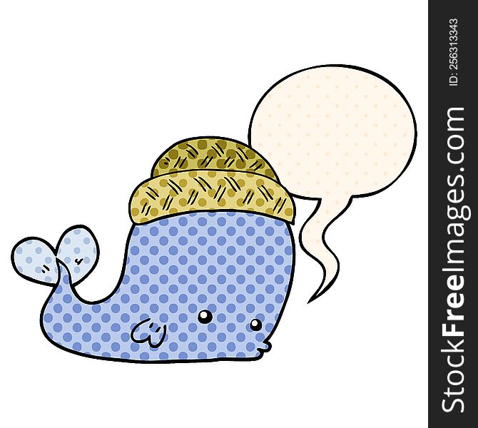 Cartoon Whale Wearing Hat And Speech Bubble In Comic Book Style
