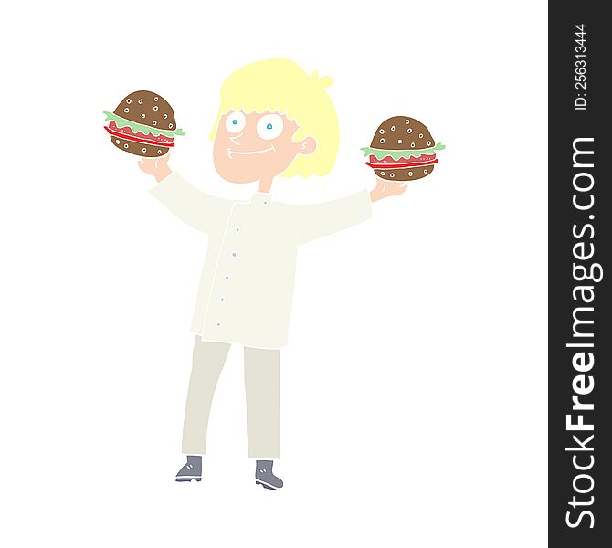 Flat Color Illustration Of A Cartoon Chef With Burgers