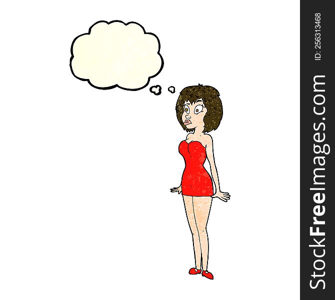 Cartoon Surprised Woman In Short Dress With Thought Bubble