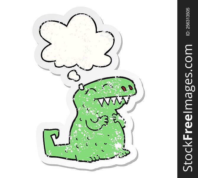 cartoon dinosaur with thought bubble as a distressed worn sticker
