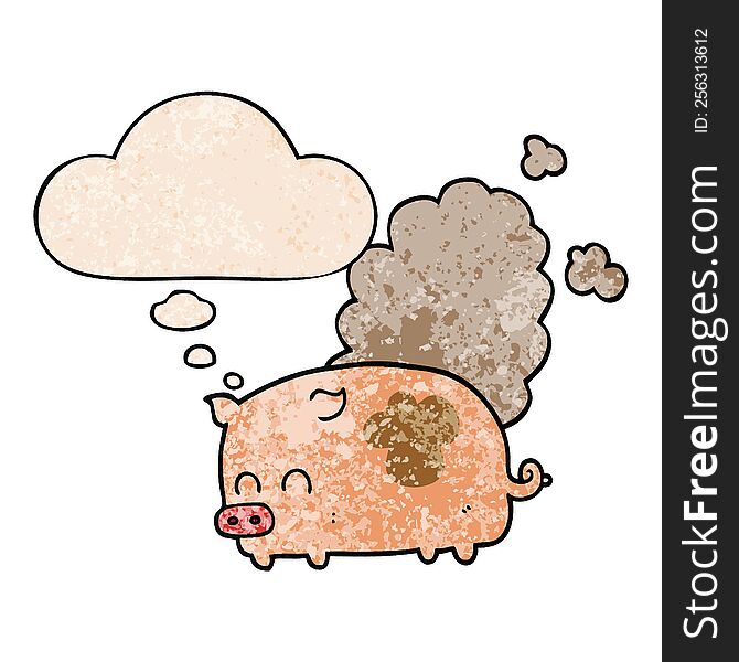 Cartoon Smelly Pig And Thought Bubble In Grunge Texture Pattern Style