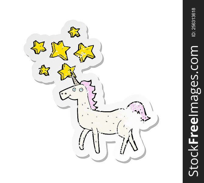 retro distressed sticker of a cartoon magical unicorn