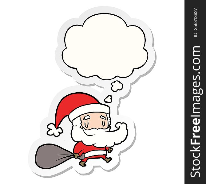 Cartoon Santa Claus With Sack And Thought Bubble As A Printed Sticker