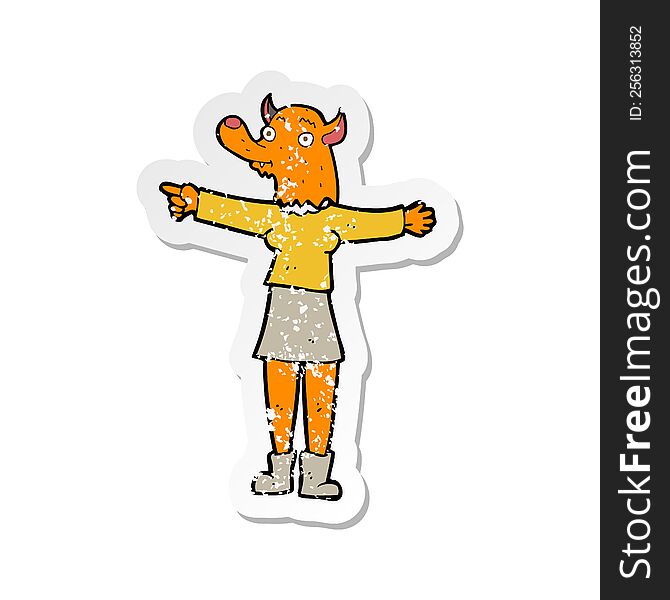 Retro Distressed Sticker Of A Cartoon Pointing Fox Woman