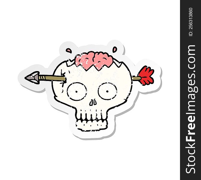 Distressed Sticker Of A Cartoon Skull With Arrow Through Brain