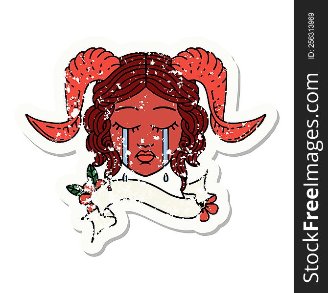 Crying Tiefling Character Face With Scroll Banner Grunge Sticker