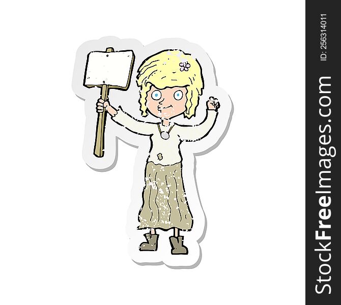 retro distressed sticker of a cartoon hippie girl with protest sign