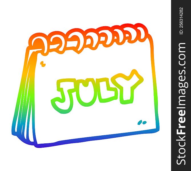 rainbow gradient line drawing of a cartoon calendar showing month of july