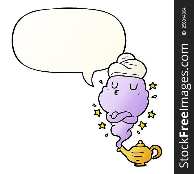 cute cartoon genie rising out of lamp and speech bubble in smooth gradient style