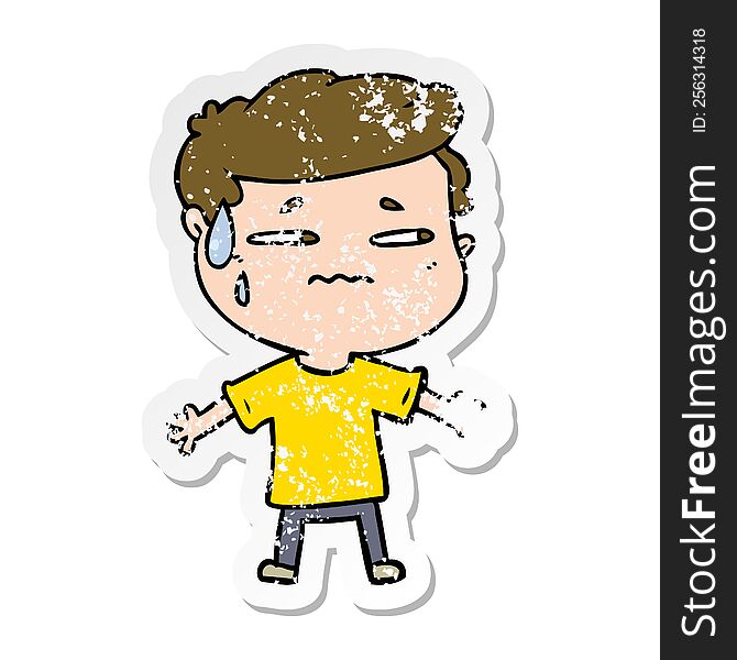 Distressed Sticker Of A Cartoon Anxious Man