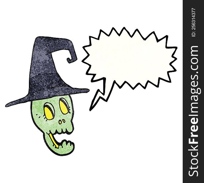 freehand drawn texture speech bubble cartoon skull wearing witch hat