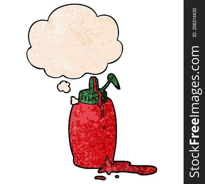 Cartoon Ketchup Bottle And Thought Bubble In Grunge Texture Pattern Style